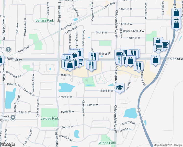 map of restaurants, bars, coffee shops, grocery stores, and more near 15096 Claret Avenue in Rosemount