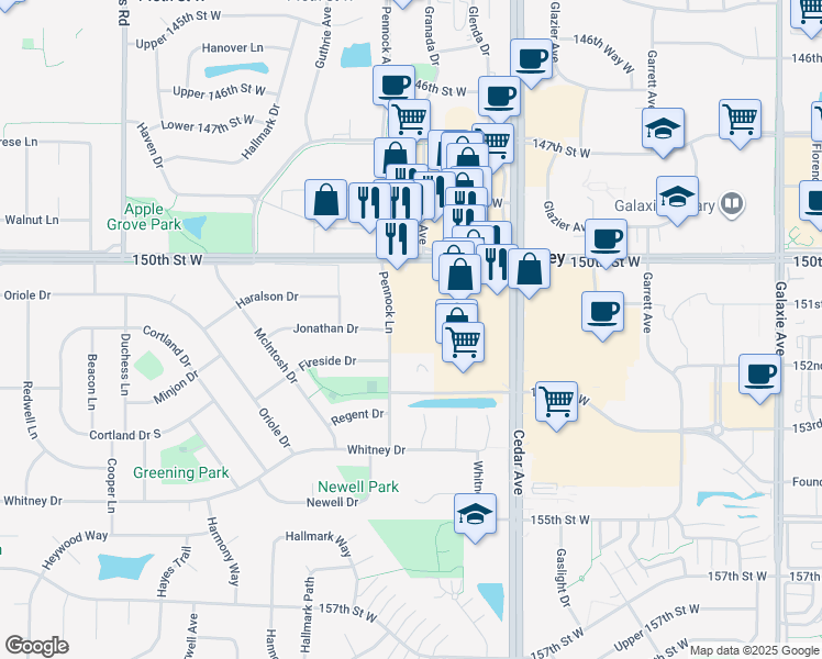 map of restaurants, bars, coffee shops, grocery stores, and more near 15168-15240 Pennock Lane in Apple Valley