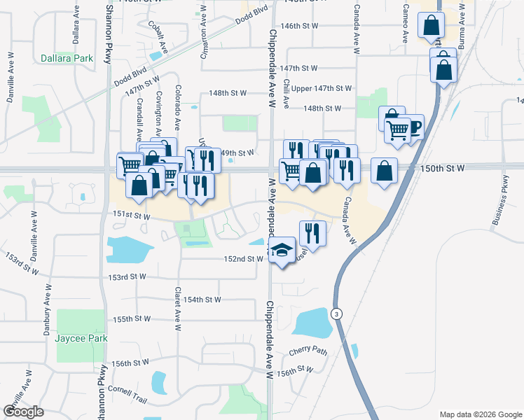 map of restaurants, bars, coffee shops, grocery stores, and more near 15130 Cimarron Court in Rosemount