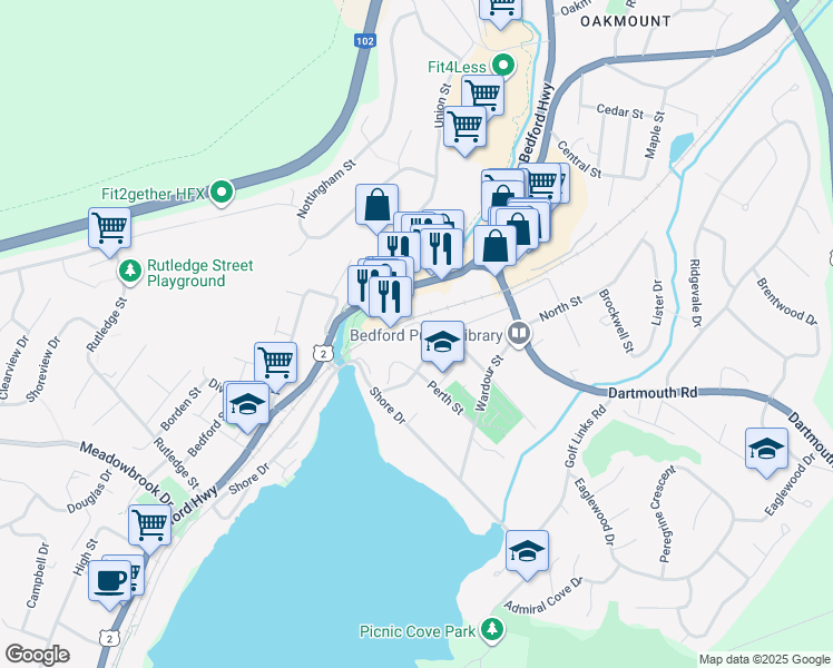 map of restaurants, bars, coffee shops, grocery stores, and more near 19 John Gorham Lane in Bedford