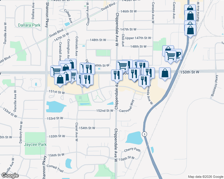 map of restaurants, bars, coffee shops, grocery stores, and more near 15130 Cimarron Court in Rosemount