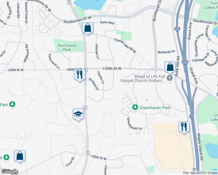 map of restaurants, bars, coffee shops, grocery stores, and more near 15108 Orchard Drive in Burnsville