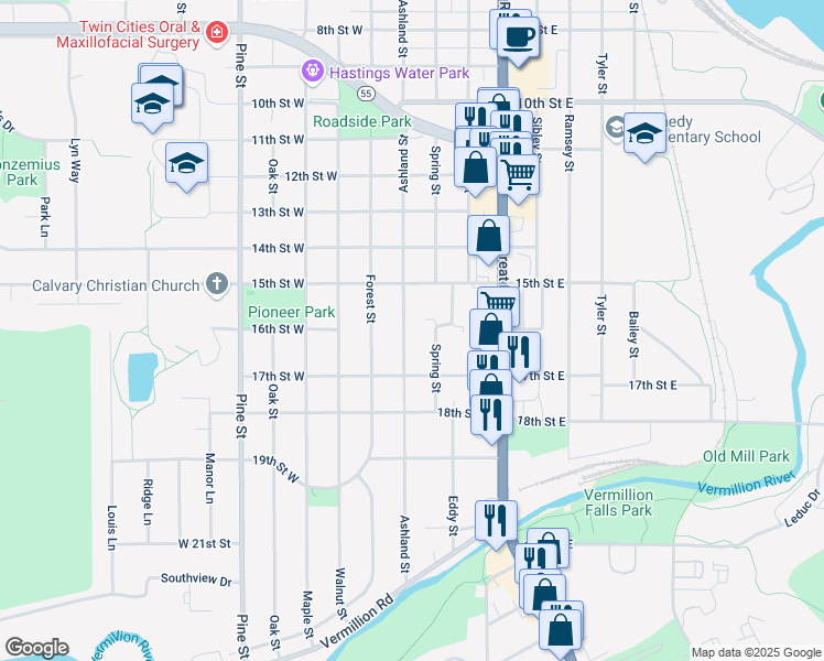 map of restaurants, bars, coffee shops, grocery stores, and more near 1607 Ashland Street in Hastings