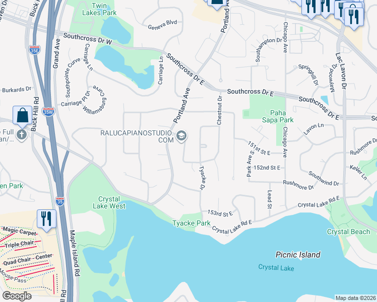 map of restaurants, bars, coffee shops, grocery stores, and more near 15025 Butternut Lane in Burnsville