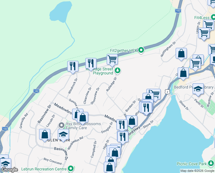 map of restaurants, bars, coffee shops, grocery stores, and more near 2 Shoreview Drive in Bedford