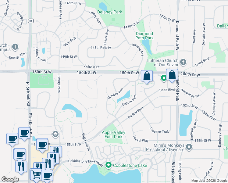 map of restaurants, bars, coffee shops, grocery stores, and more near 15131 Dutchman Way in Apple Valley