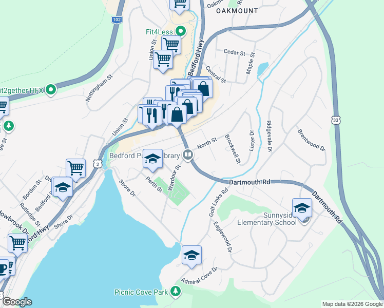 map of restaurants, bars, coffee shops, grocery stores, and more near 12 Dartmouth Road in Bedford