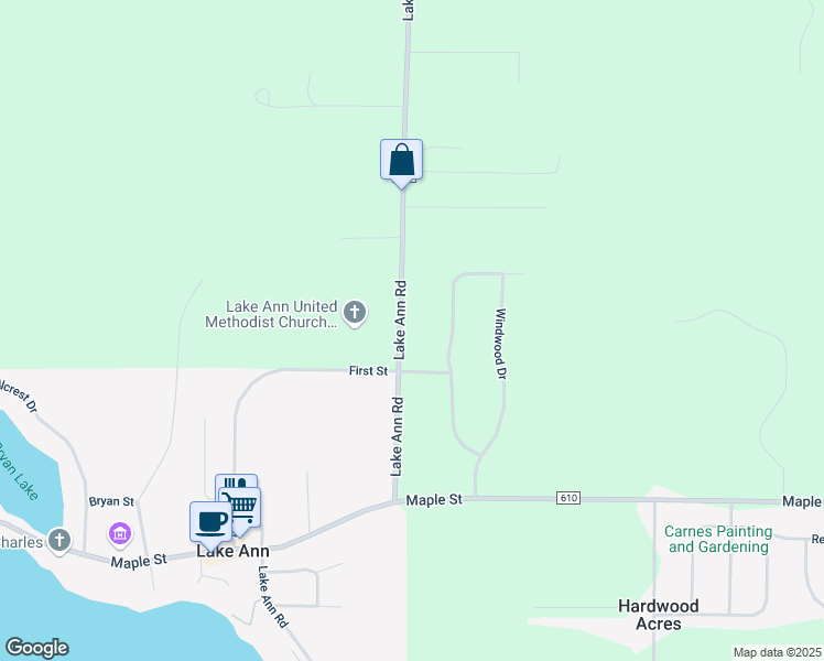 map of restaurants, bars, coffee shops, grocery stores, and more near 6829 Lake Ann Road in Lake Ann