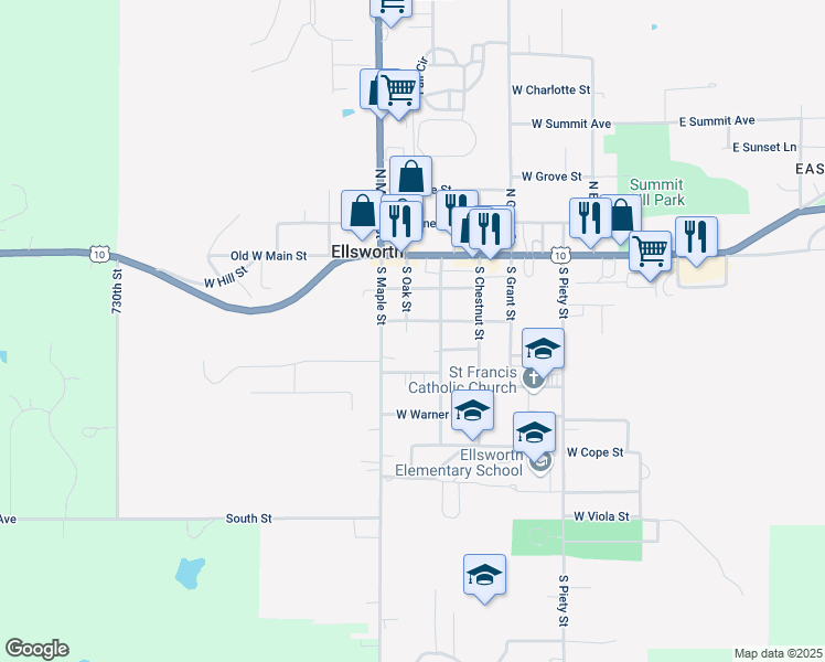 map of restaurants, bars, coffee shops, grocery stores, and more near 431 West Church Street in Ellsworth