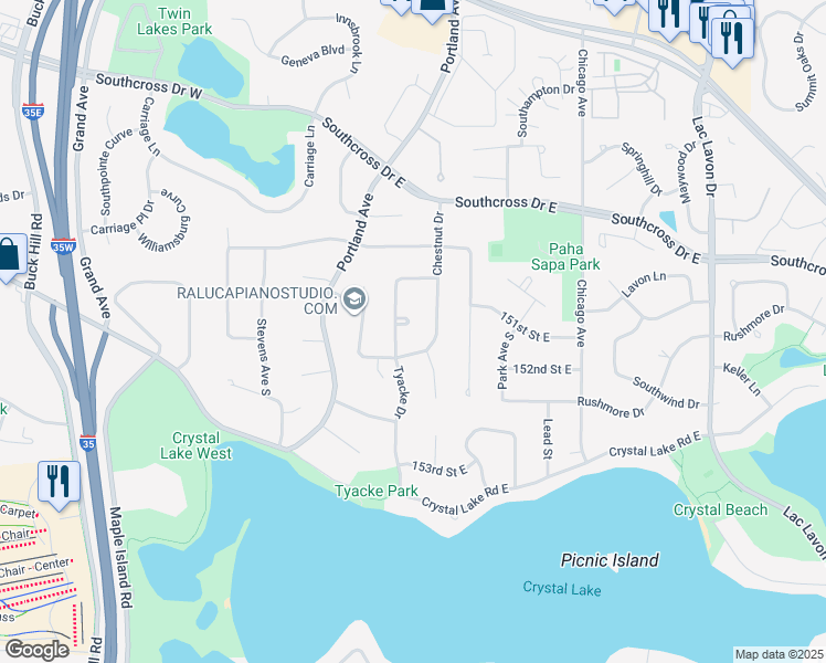 map of restaurants, bars, coffee shops, grocery stores, and more near 15033 Tyacke Drive in Burnsville