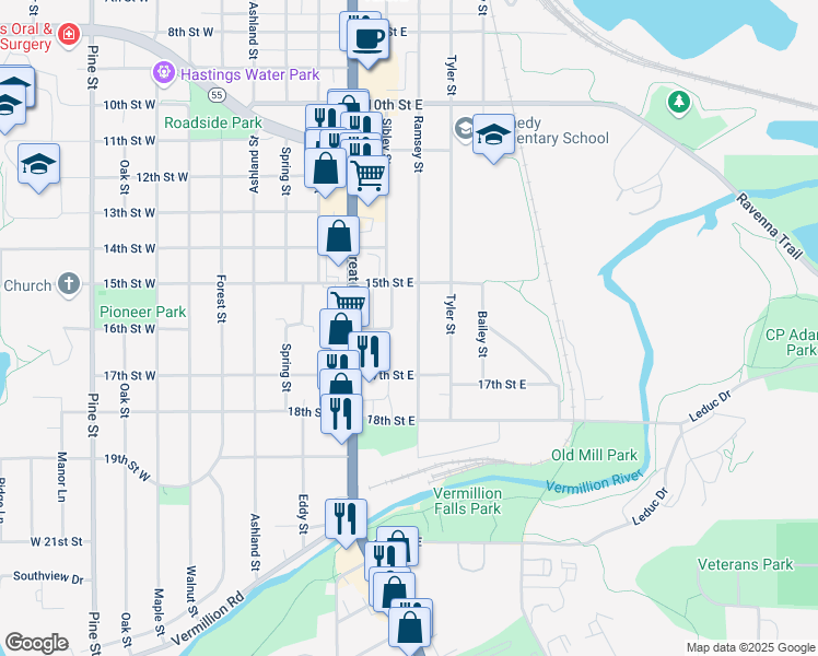 map of restaurants, bars, coffee shops, grocery stores, and more near 1520 Ramsey Street in Hastings