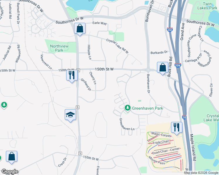 map of restaurants, bars, coffee shops, grocery stores, and more near 15109 Orchard Drive in Burnsville