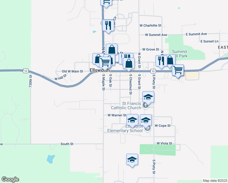 map of restaurants, bars, coffee shops, grocery stores, and more near 431 West Church Street in Ellsworth