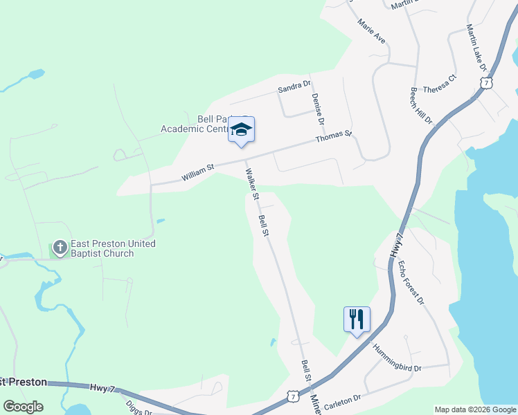 map of restaurants, bars, coffee shops, grocery stores, and more near 2 Walker Street in Lake Echo