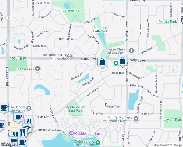 map of restaurants, bars, coffee shops, grocery stores, and more near 15111 Dupont Path in Apple Valley
