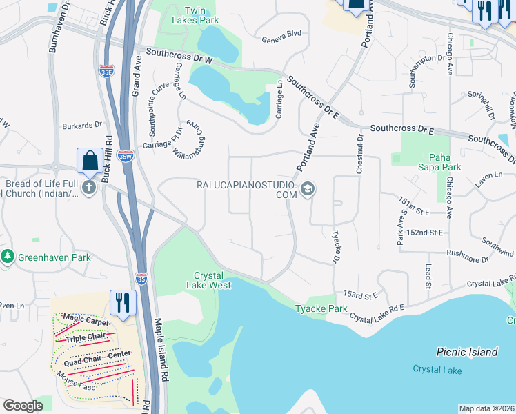 map of restaurants, bars, coffee shops, grocery stores, and more near 15072 Portland Avenue in Burnsville