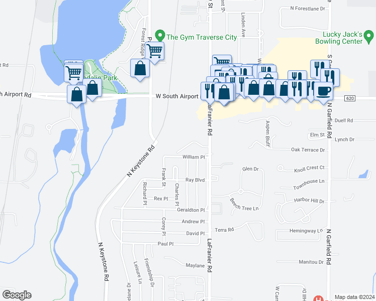 map of restaurants, bars, coffee shops, grocery stores, and more near 1555 Ridge View Court in Traverse City