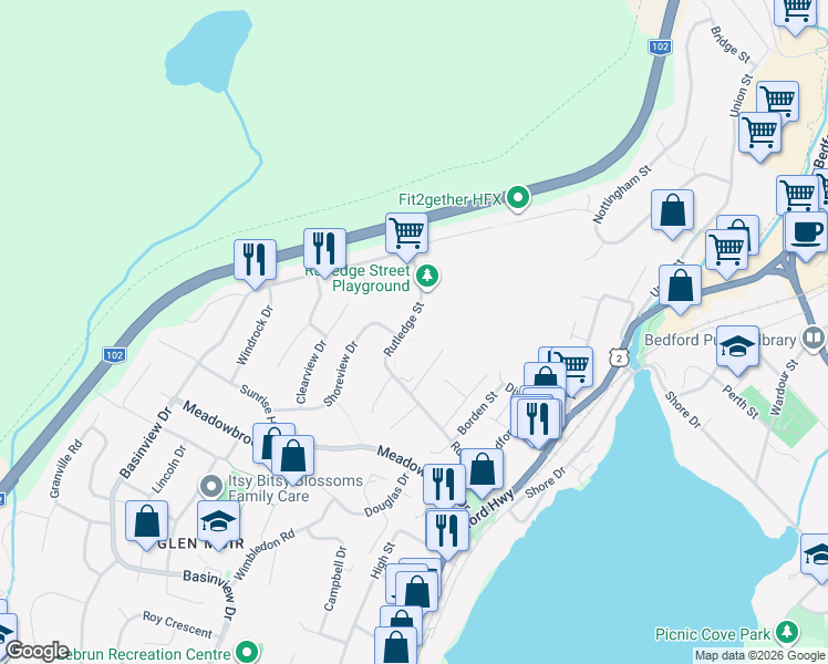map of restaurants, bars, coffee shops, grocery stores, and more near 221 Rutledge Street in Bedford