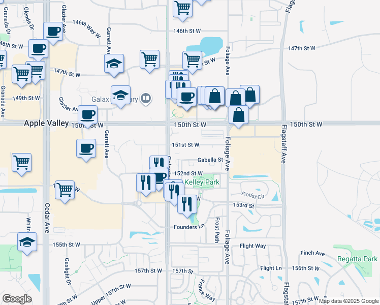 map of restaurants, bars, coffee shops, grocery stores, and more near 6900 151st St W in Apple Valley