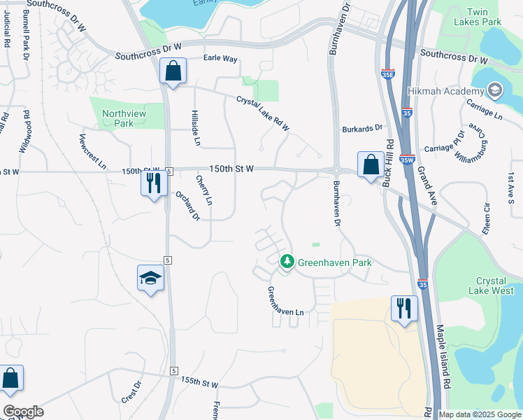 map of restaurants, bars, coffee shops, grocery stores, and more near 15042 Windemere Lane in Burnsville