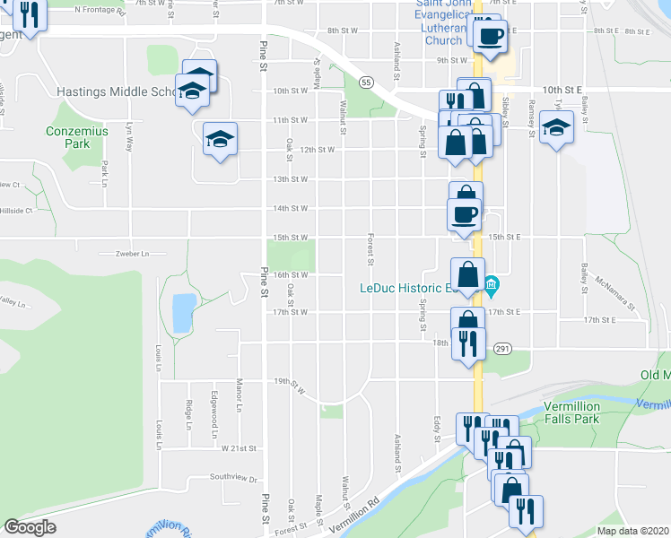 map of restaurants, bars, coffee shops, grocery stores, and more near 1530 Walnut Street in Hastings