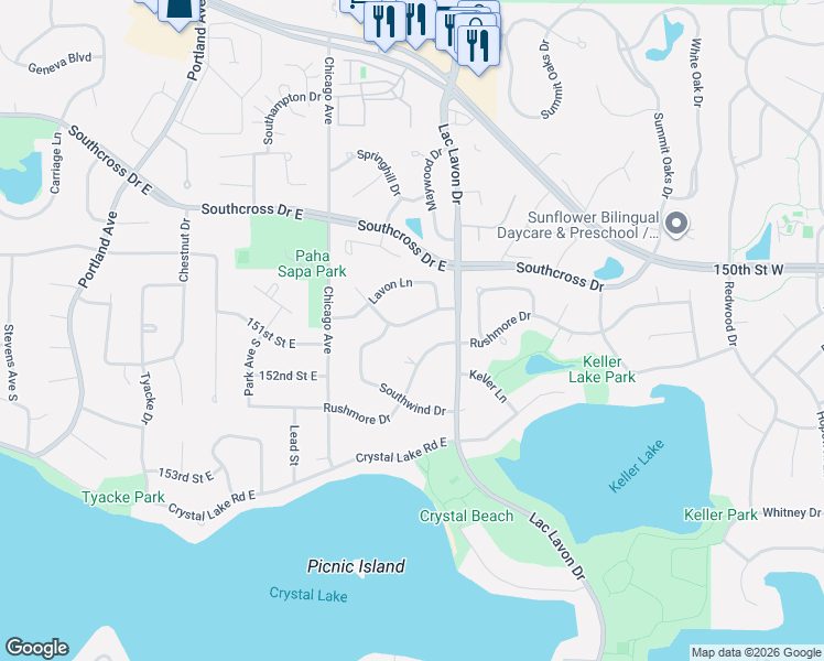 map of restaurants, bars, coffee shops, grocery stores, and more near 1108 Rushmore Drive in Burnsville