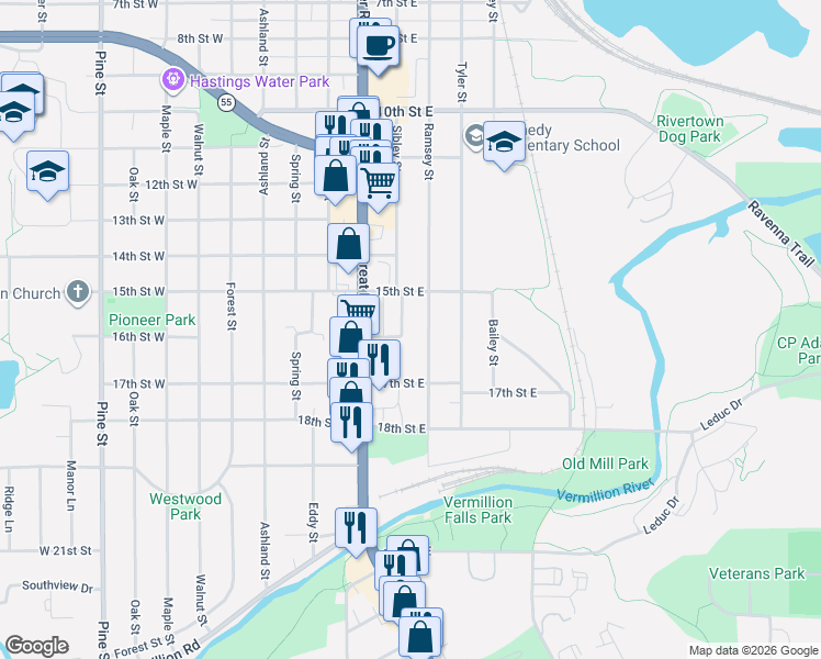 map of restaurants, bars, coffee shops, grocery stores, and more near 1520 Ramsey Street in Hastings