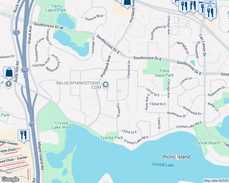map of restaurants, bars, coffee shops, grocery stores, and more near 15025 Butternut Lane in Burnsville