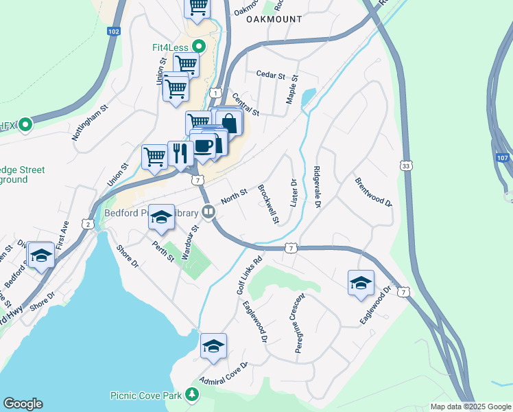 map of restaurants, bars, coffee shops, grocery stores, and more near 7 Brockwell Street in Bedford