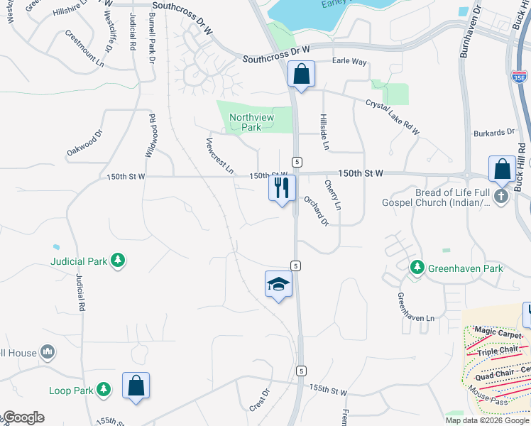 map of restaurants, bars, coffee shops, grocery stores, and more near 1610 Viewcrest Lane in Burnsville