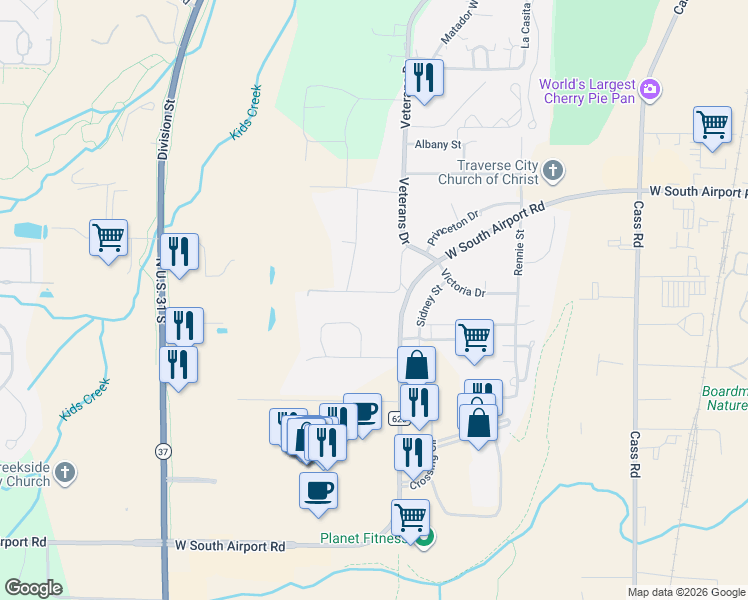 map of restaurants, bars, coffee shops, grocery stores, and more near 3065 Cedar Valley Drive in Traverse City