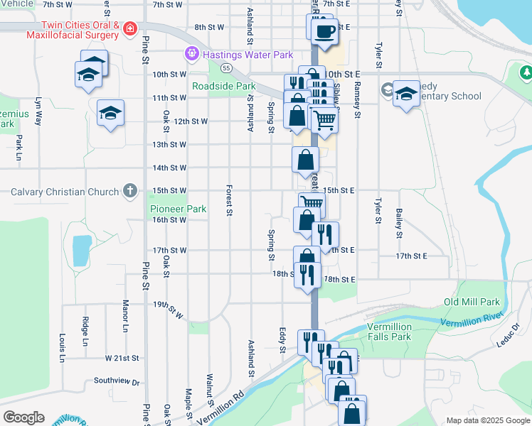 map of restaurants, bars, coffee shops, grocery stores, and more near 1607 Ashland Street in Hastings
