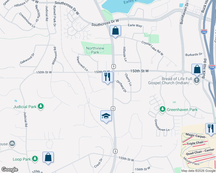 map of restaurants, bars, coffee shops, grocery stores, and more near 1525 Viewcrest Lane in Burnsville