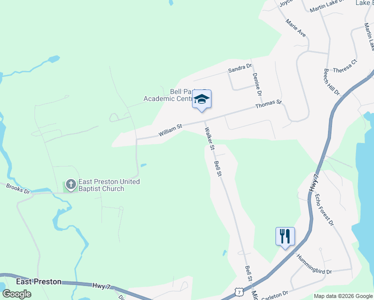 map of restaurants, bars, coffee shops, grocery stores, and more near 2 Walker Street in Lake Echo