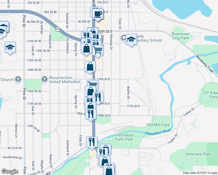 map of restaurants, bars, coffee shops, grocery stores, and more near 1516 Ramsey Street in Hastings