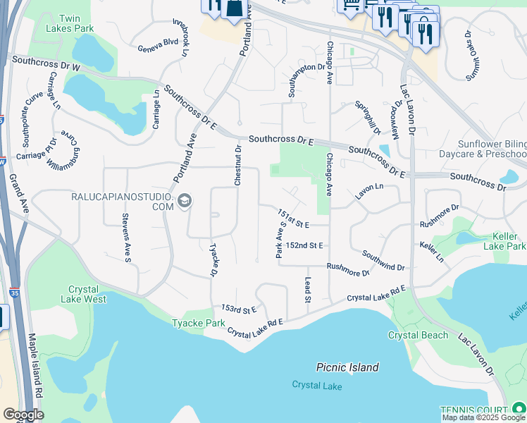 map of restaurants, bars, coffee shops, grocery stores, and more near 15017 Oakland Avenue in Burnsville