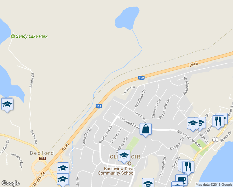 map of restaurants, bars, coffee shops, grocery stores, and more near 62 Alpine Court in Bedford