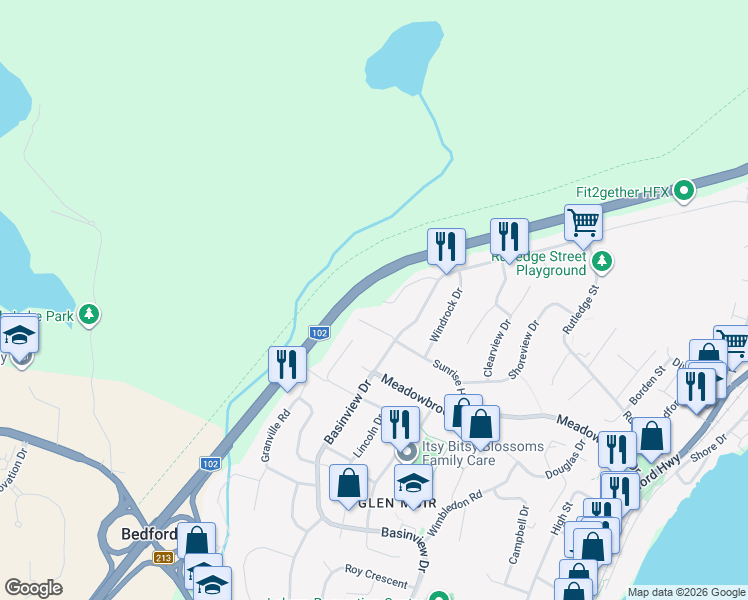 map of restaurants, bars, coffee shops, grocery stores, and more near 62 Alpine Court in Bedford