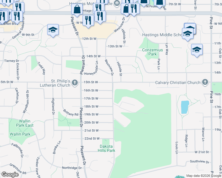 map of restaurants, bars, coffee shops, grocery stores, and more near 1512 Westview Drive in Hastings