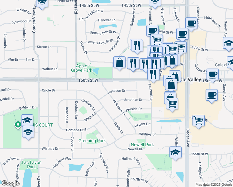 map of restaurants, bars, coffee shops, grocery stores, and more near 881 McIntosh Drive in Apple Valley