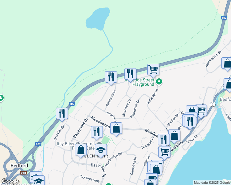 map of restaurants, bars, coffee shops, grocery stores, and more near 47 Windrock Drive in Bedford