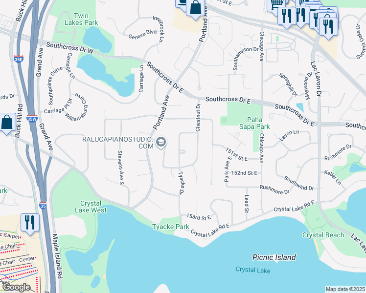 map of restaurants, bars, coffee shops, grocery stores, and more near 15033 Tyacke Drive in Burnsville