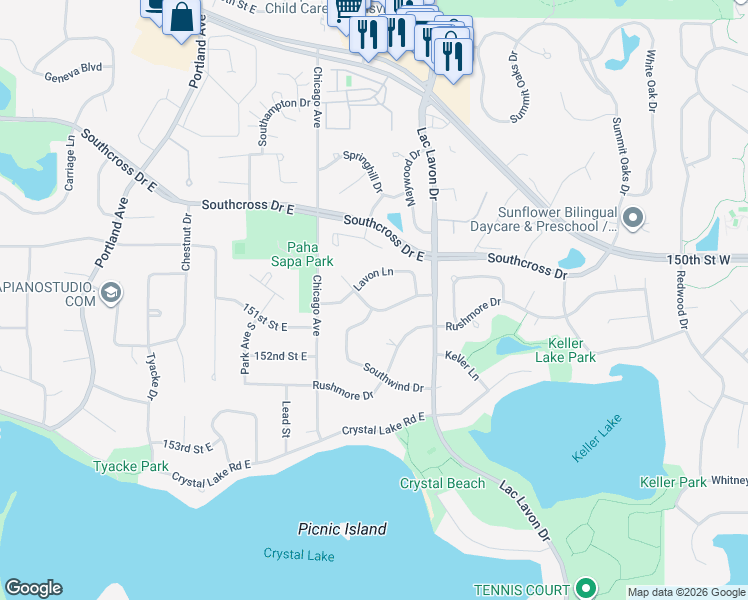 map of restaurants, bars, coffee shops, grocery stores, and more near 15105 Southwind Drive in Burnsville