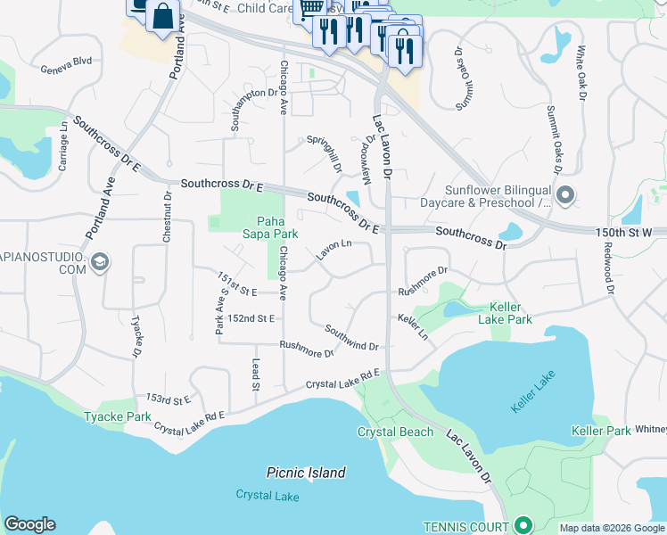 map of restaurants, bars, coffee shops, grocery stores, and more near 15105 Southwind Drive in Burnsville