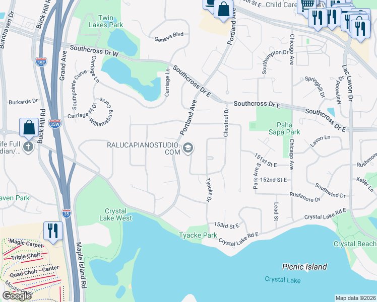 map of restaurants, bars, coffee shops, grocery stores, and more near 15025 Butternut Lane in Burnsville