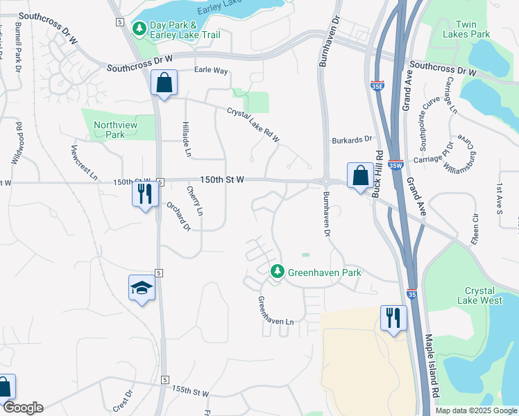 map of restaurants, bars, coffee shops, grocery stores, and more near 15042 Windemere Lane in Burnsville