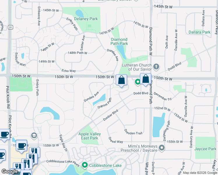 map of restaurants, bars, coffee shops, grocery stores, and more near 15118 Dupont Path in Apple Valley