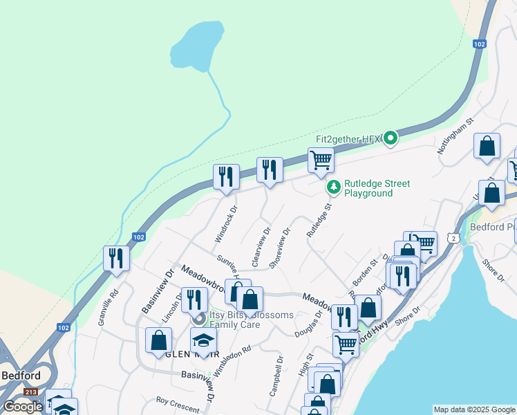 map of restaurants, bars, coffee shops, grocery stores, and more near 28 Horizon Road in Bedford
