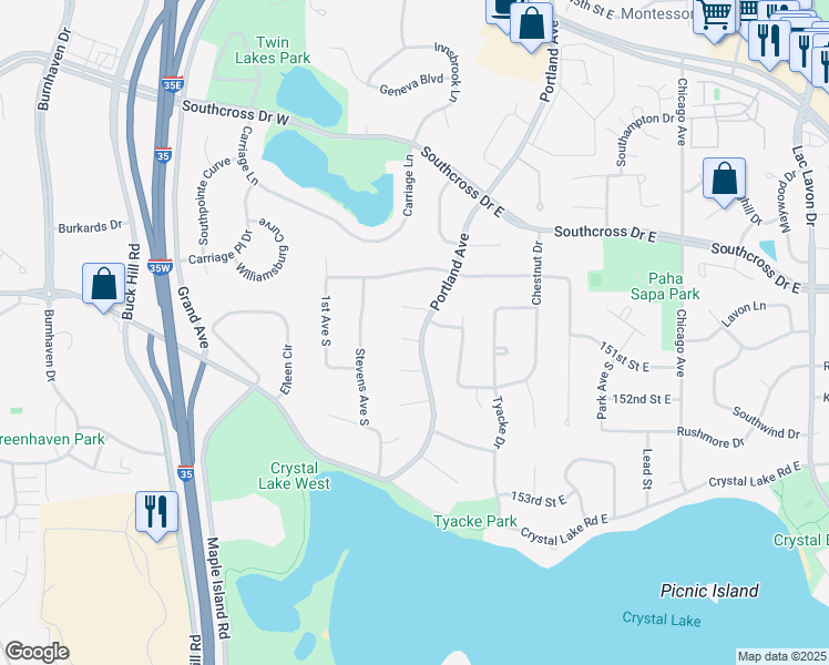 map of restaurants, bars, coffee shops, grocery stores, and more near 15036 Portland Avenue in Burnsville