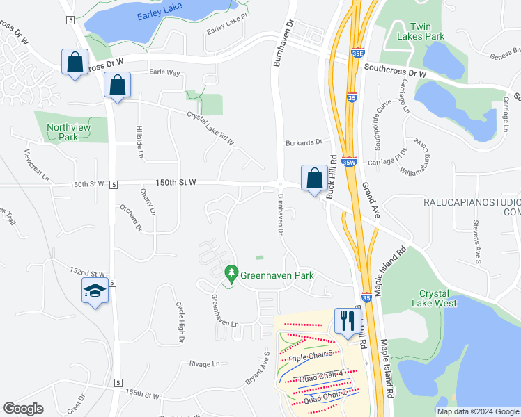 map of restaurants, bars, coffee shops, grocery stores, and more near 15025 Greenhaven Drive in Burnsville